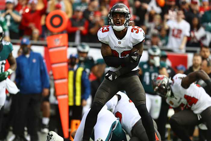 Tampa Bay Buccaneers safety Jordan Whitehead celebrates a tackle in the playoffs